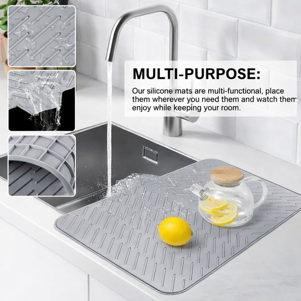 Large Size Silicone Dish Drying Mat with Built-in Drain Lip