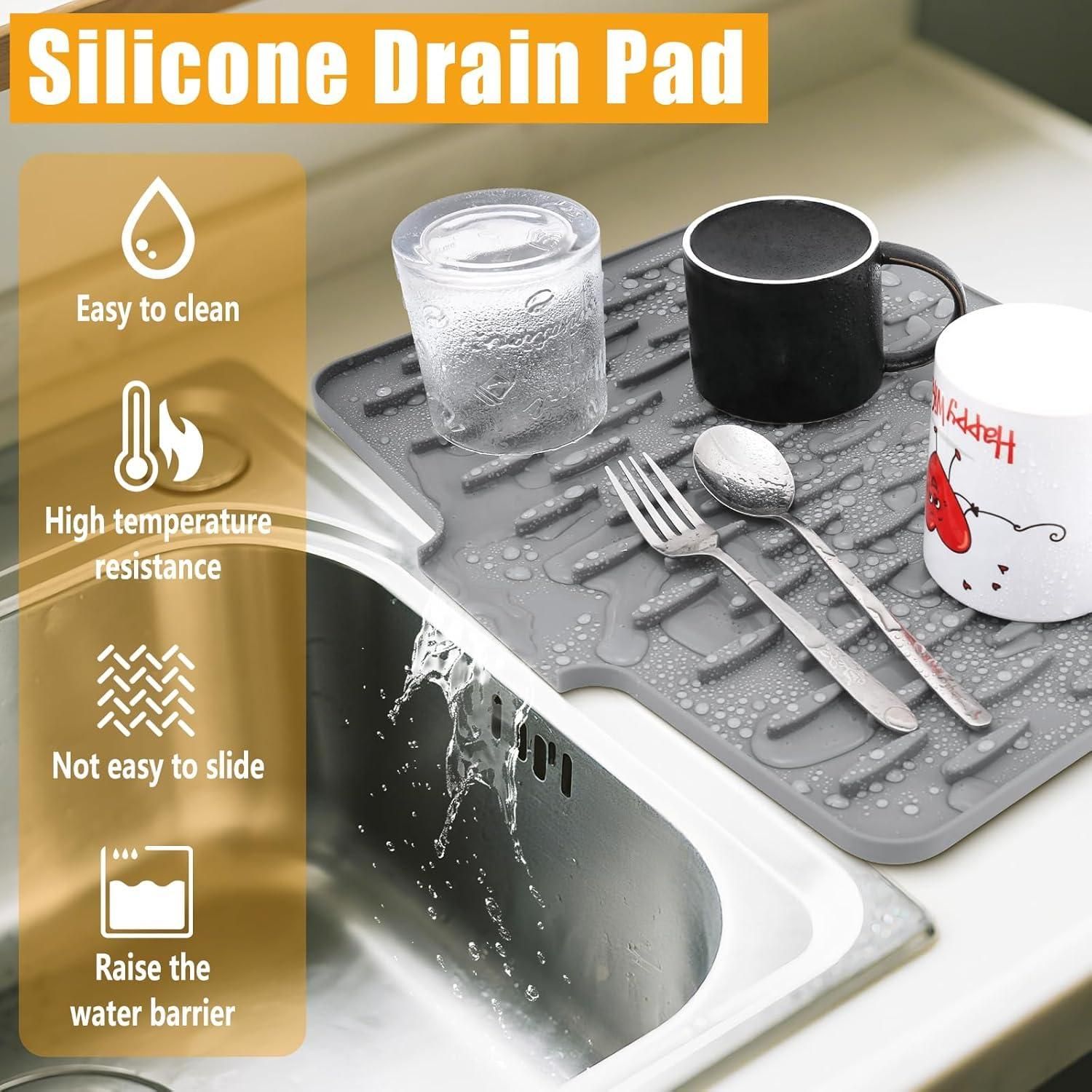 Large Size Silicone Dish Drying Mat with Built-in Drain Lip