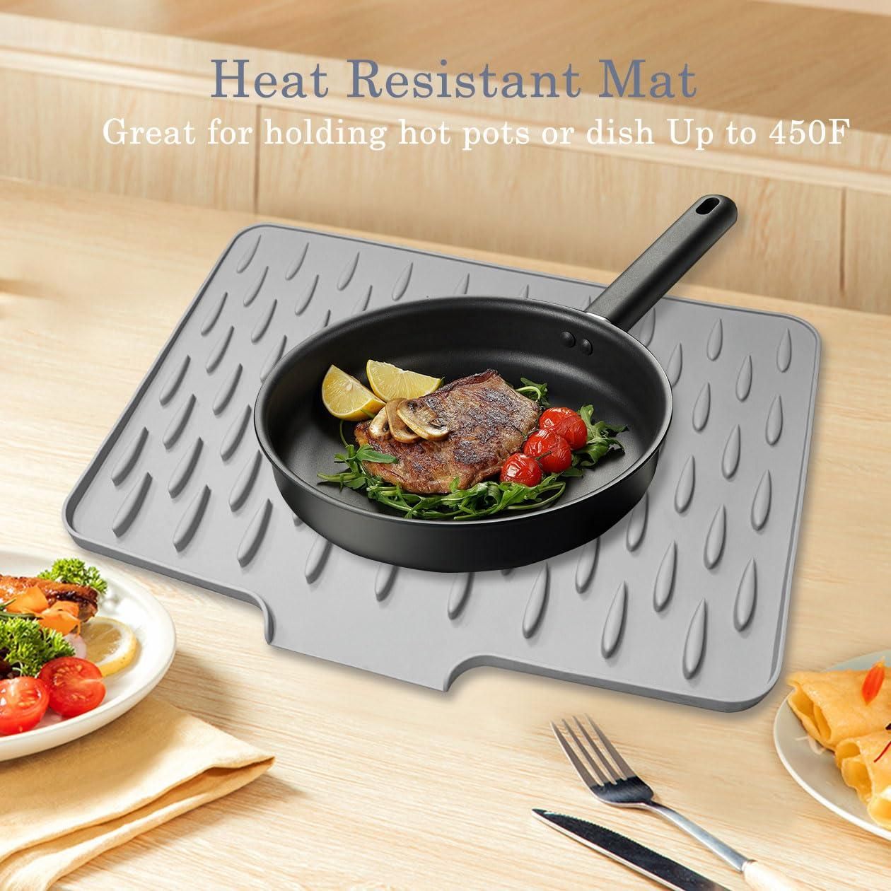 Large Size Silicone Dish Drying Mat with Built-in Drain Lip