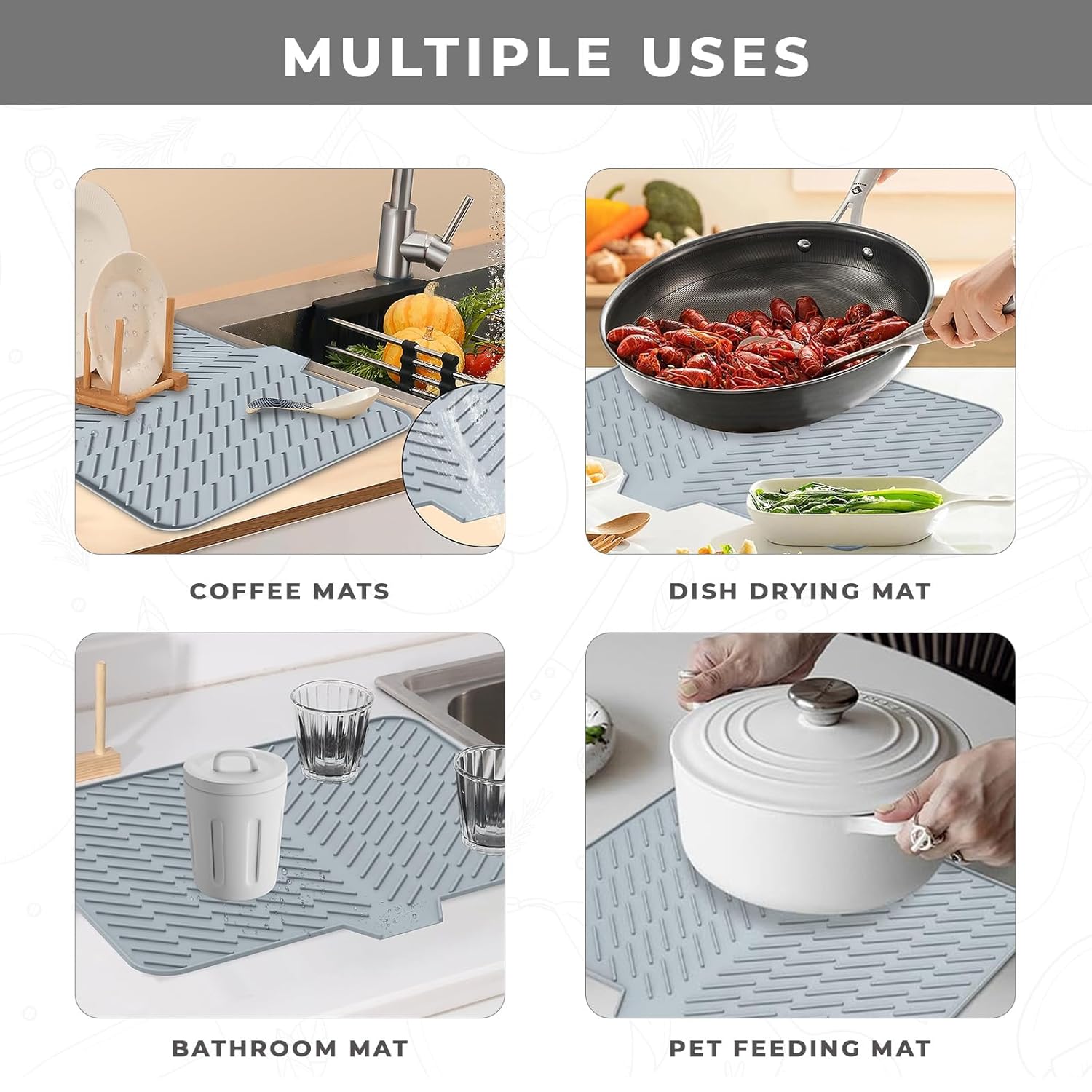 Large Size Silicone Dish Drying Mat with Built-in Drain Lip
