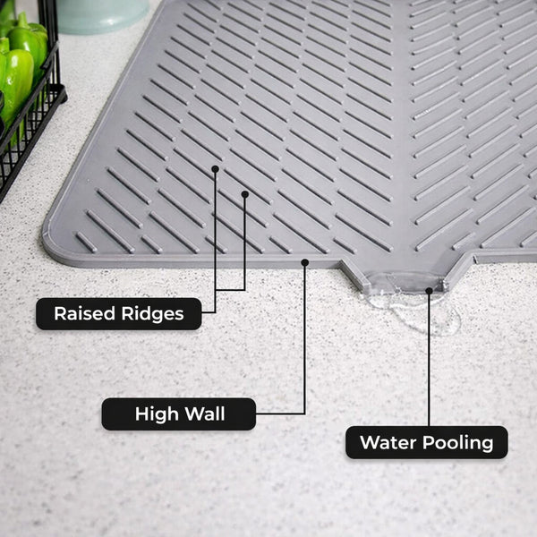 Large Size Silicone Dish Drying Mat with Built-in Drain Lip