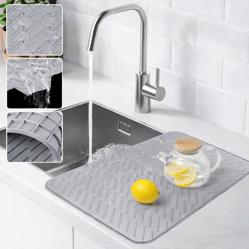 Large Size Silicone Dish Drying Mat with Built-in Drain Lip